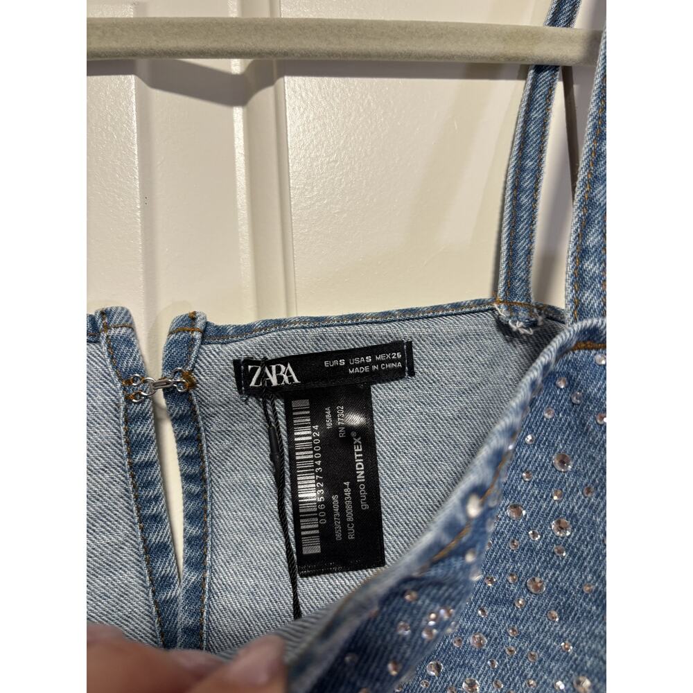 Zara Blue Denim Crystal Studded Crop Top S - Picture 6 of 8